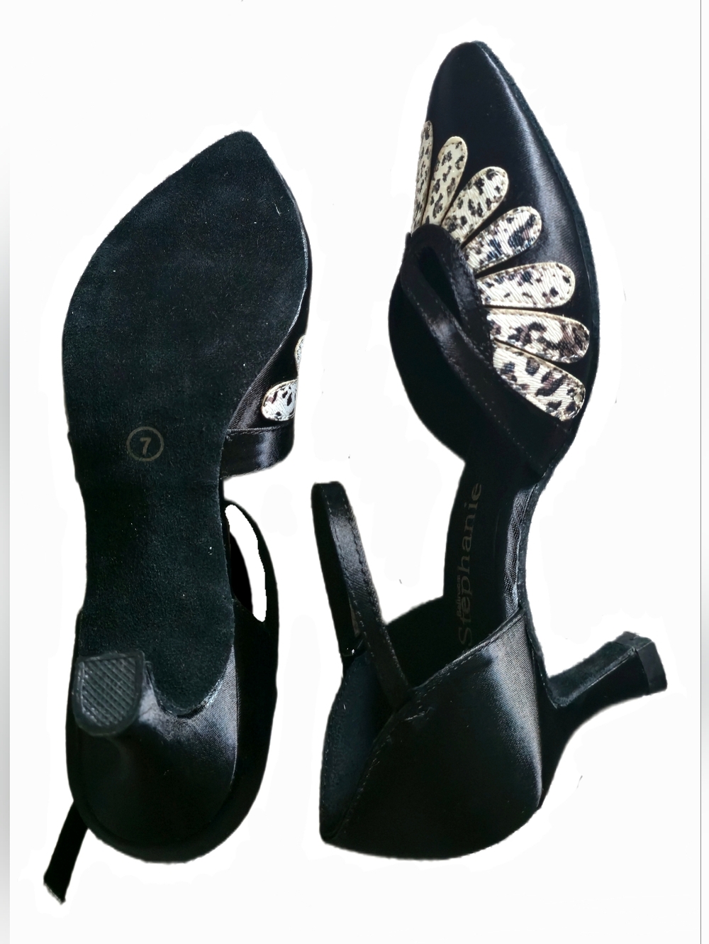 Ballroom Stephanie Black Satin White Leopard Print Motif Dancing Shoes Size 7 - Picture 7 of 11